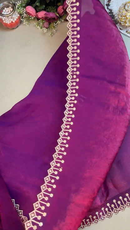 Enchanting Plum Shimmer Stone-Embellished Saree Set