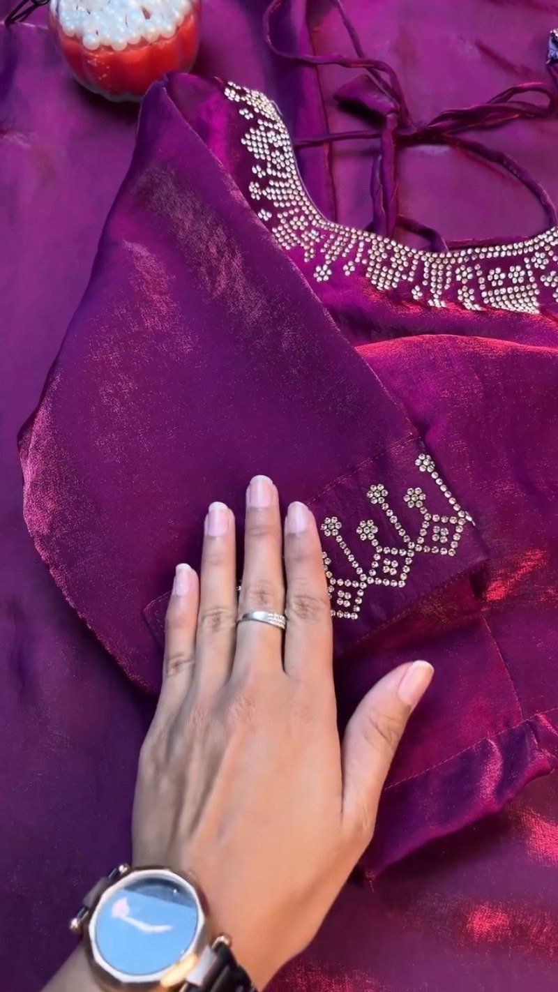 Enchanting Plum Shimmer Stone-Embellished Saree Set