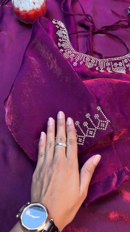 Enchanting Plum Shimmer Stone-Embellished Saree Set