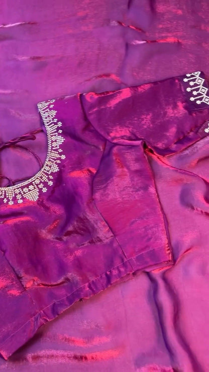 Enchanting Plum Shimmer Stone-Embellished Saree Set