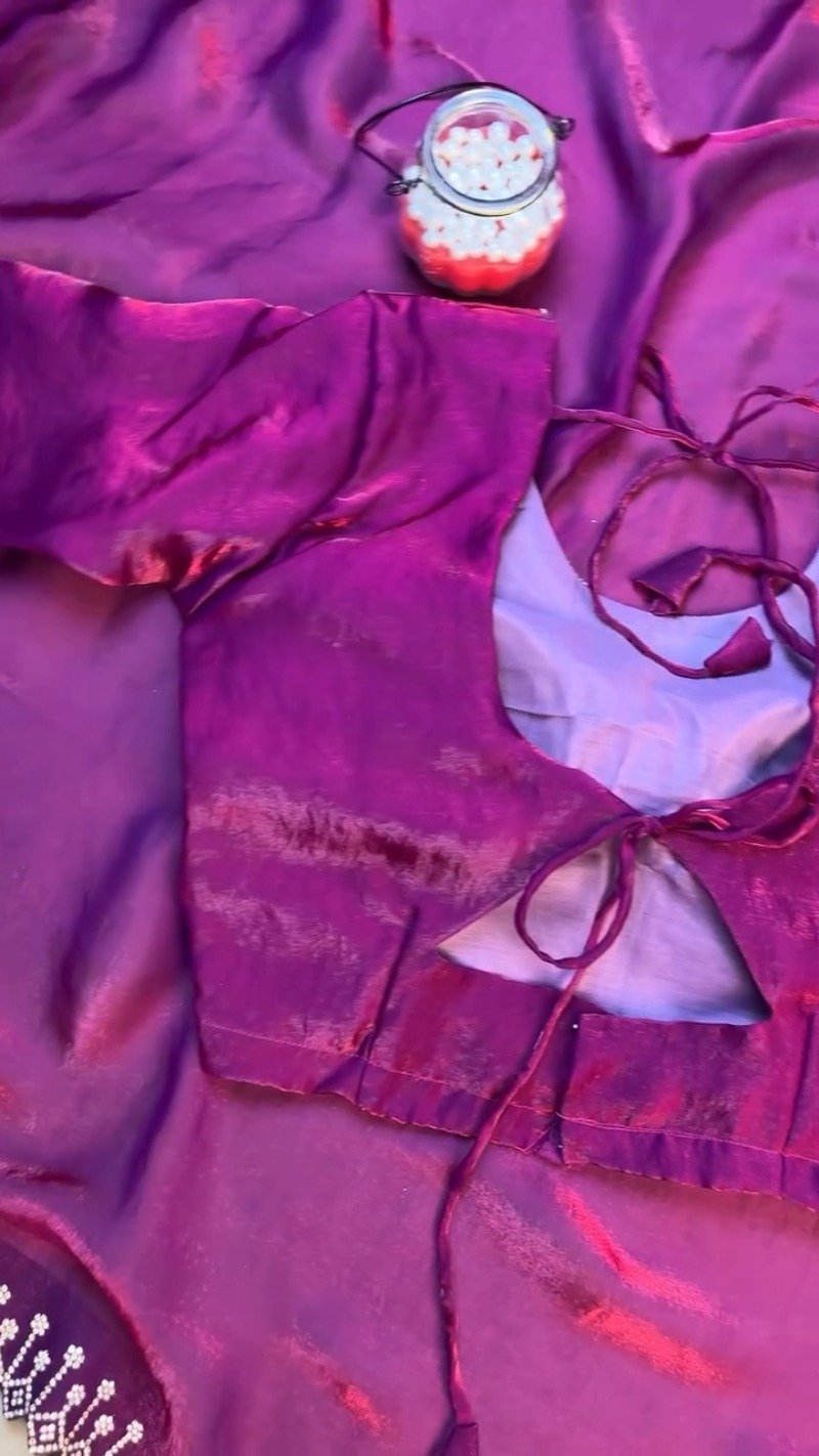 Enchanting Plum Shimmer Stone-Embellished Saree Set