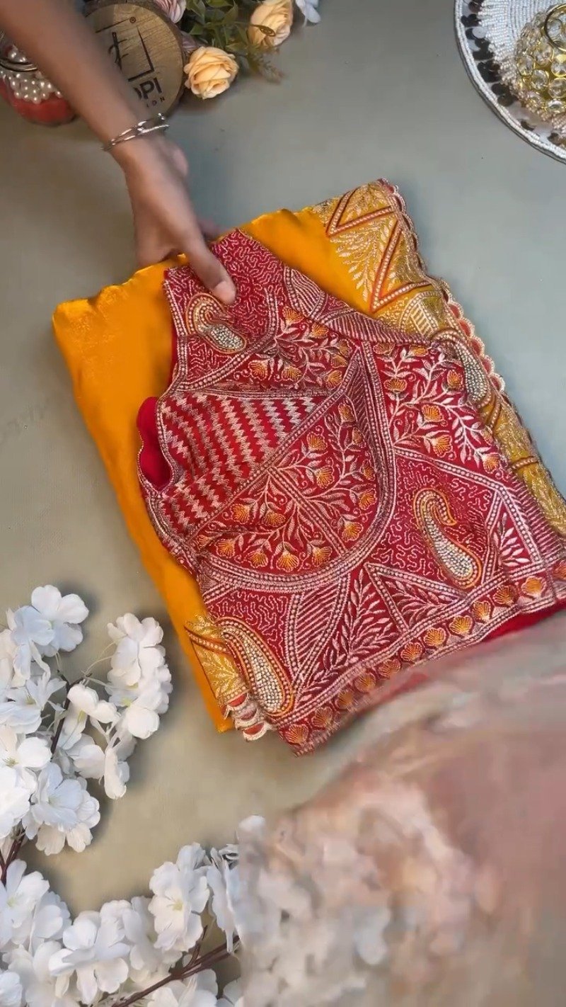 Radiant Hand-Embroidered Zardosi Saree and Blouse Set – Available in Vibrant Yellow & Classic Red