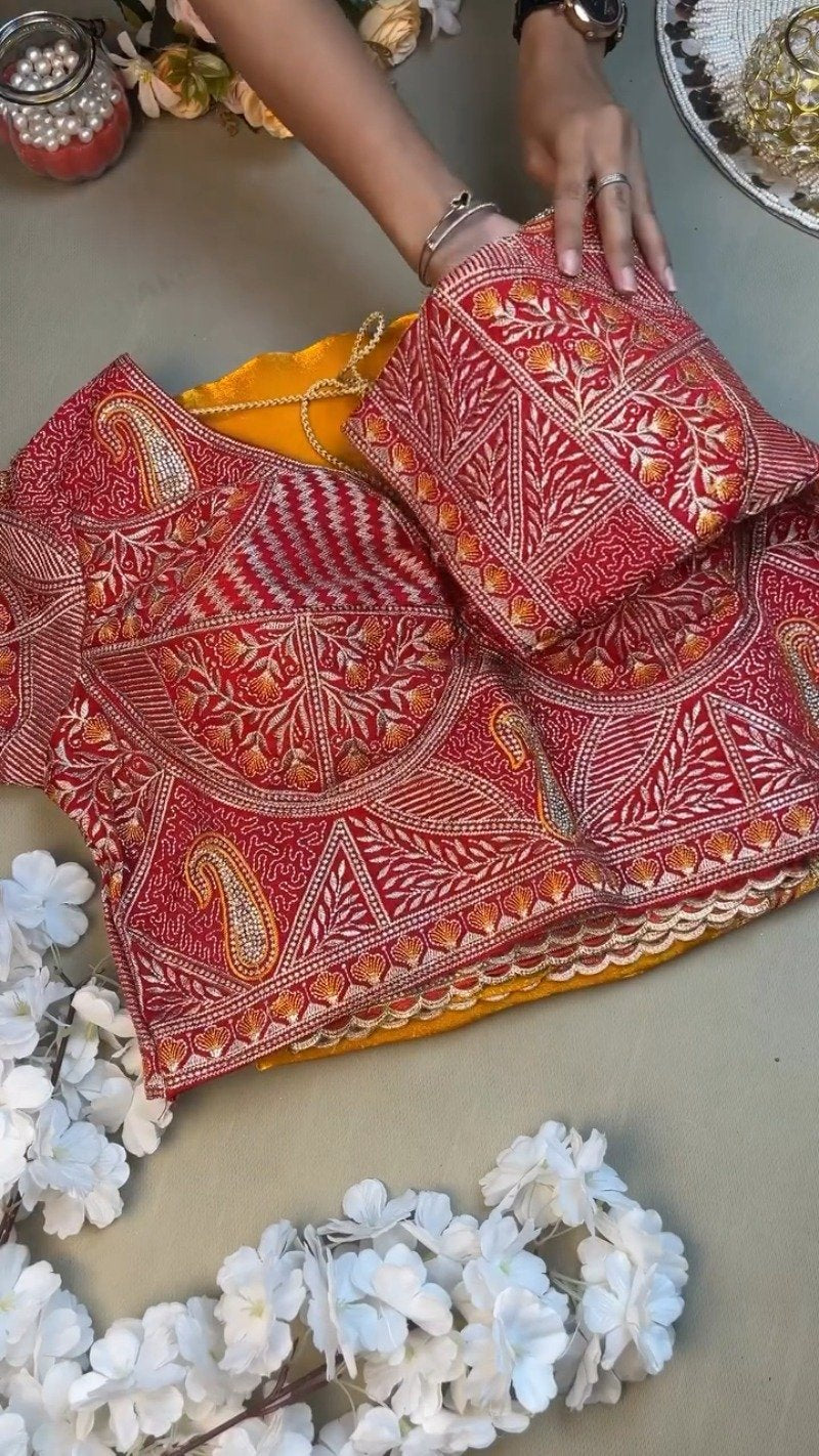 Radiant Hand-Embroidered Zardosi Saree and Blouse Set – Available in Vibrant Yellow & Classic Red