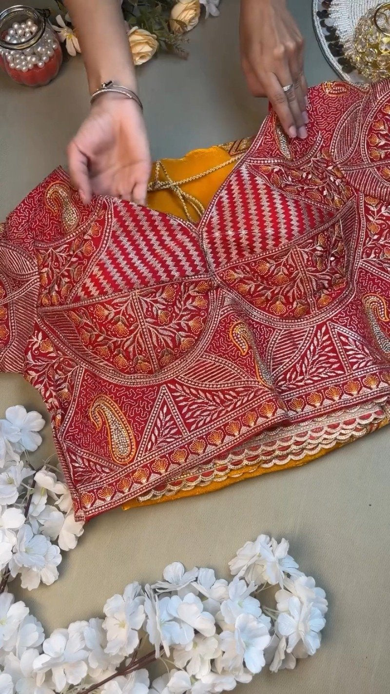 Radiant Hand-Embroidered Zardosi Saree and Blouse Set – Available in Vibrant Yellow & Classic Red