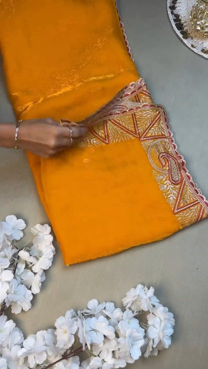 Radiant Hand-Embroidered Zardosi Saree and Blouse Set – Available in Vibrant Yellow & Classic Red