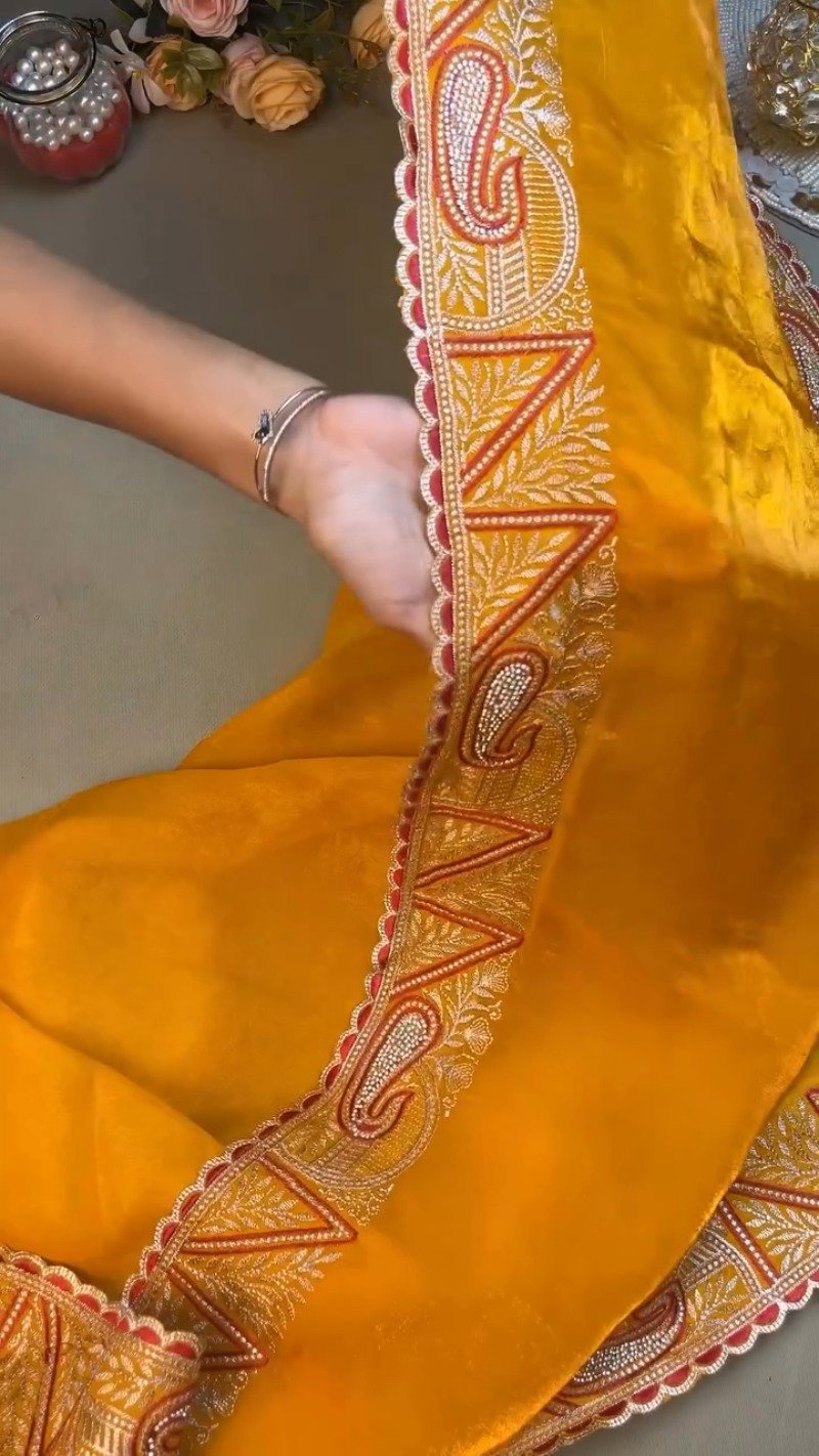 Radiant Hand-Embroidered Zardosi Saree and Blouse Set – Available in Vibrant Yellow & Classic Red
