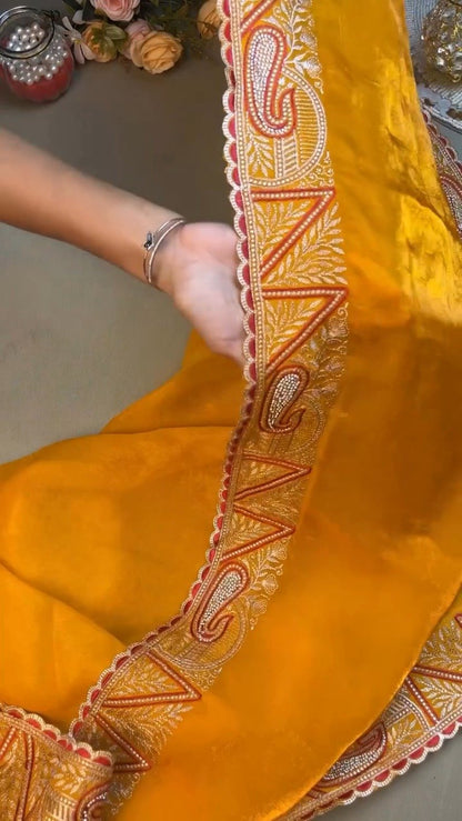 Radiant Hand-Embroidered Zardosi Saree and Blouse Set – Available in Vibrant Yellow & Classic Red