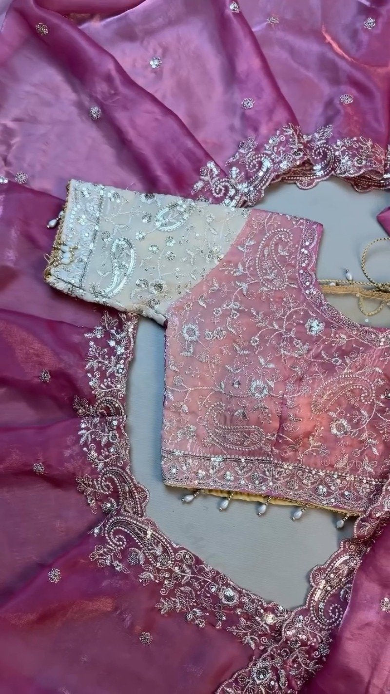 Opulent Paisley Embellished Organza Saree Set – Available in Rose Quartz & Cream