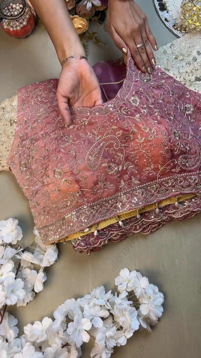 Opulent Paisley Embellished Organza Saree Set – Available in Rose Quartz & Cream