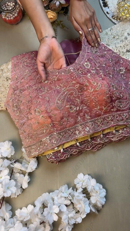 Opulent Paisley Embellished Organza Saree Set – Available in Rose Quartz & Cream