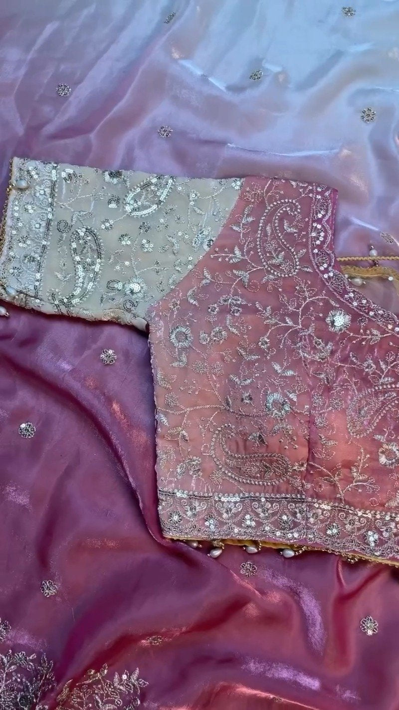 Opulent Paisley Embellished Organza Saree Set – Available in Rose Quartz & Cream