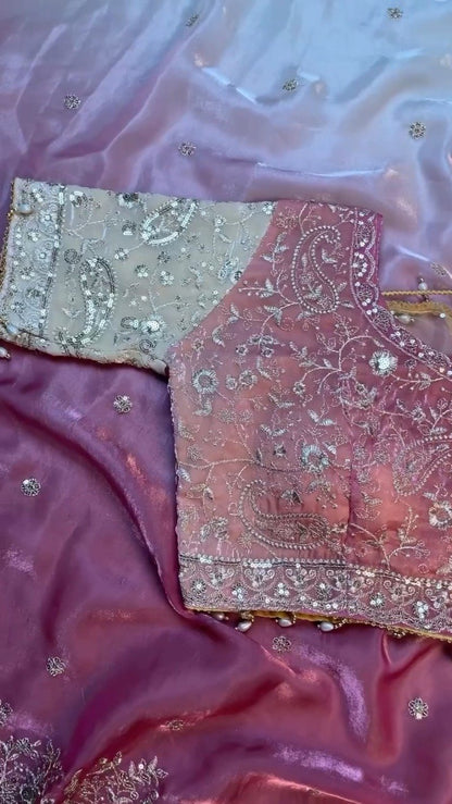 Opulent Paisley Embellished Organza Saree Set – Available in Rose Quartz & Cream