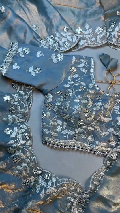 Enchanting Dusty Blue Shimmer Organza Saree Set with Silver Zari Embroidery