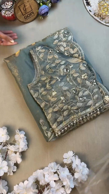 Enchanting Dusty Blue Shimmer Organza Saree Set with Silver Zari Embroidery