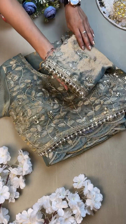 Enchanting Dusty Blue Shimmer Organza Saree Set with Silver Zari Embroidery