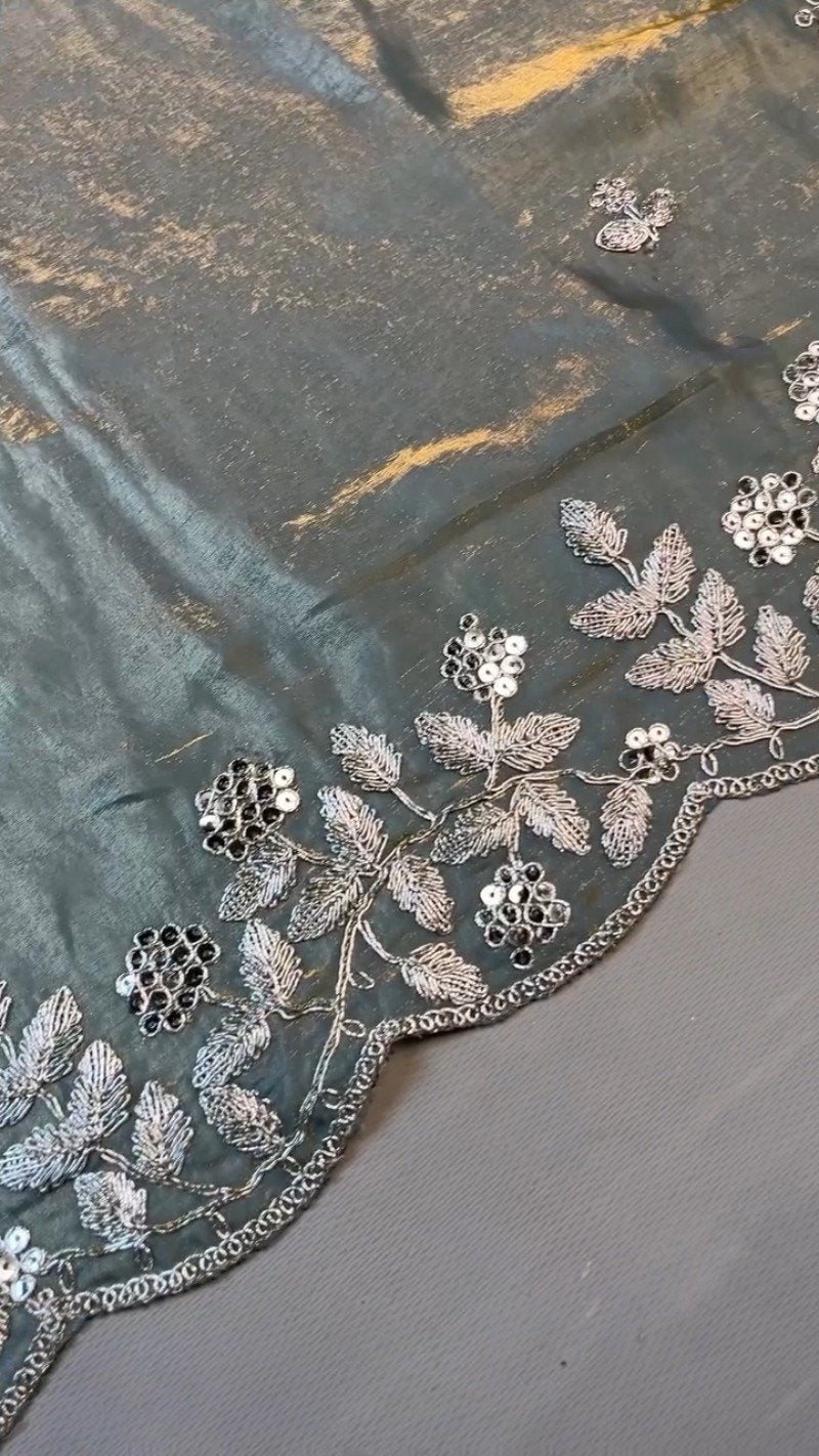 Enchanting Dusty Blue Shimmer Organza Saree Set with Silver Zari Embroidery