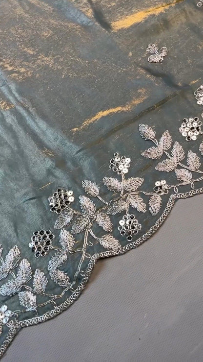 Enchanting Dusty Blue Shimmer Organza Saree Set with Silver Zari Embroidery