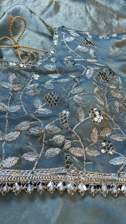 Enchanting Dusty Blue Shimmer Organza Saree Set with Silver Zari Embroidery