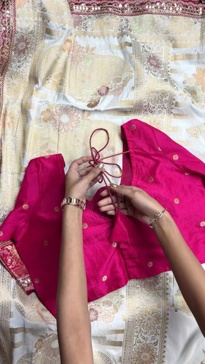 Exquisite Brocade-Embellished Saree and Blouse Set – Available in Cream & Magenta