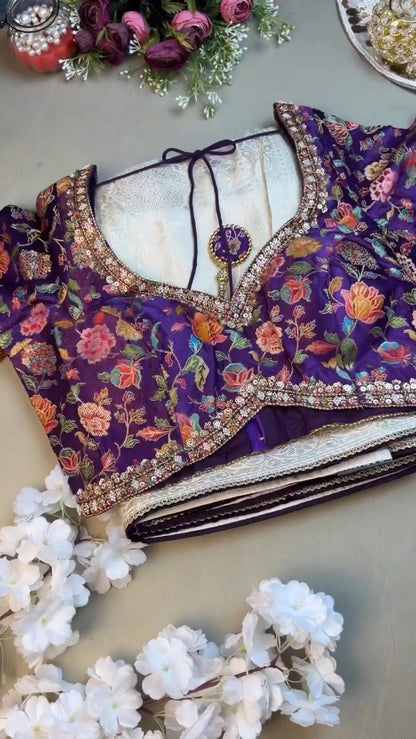 Royal Purple Floral Embroidered Silk Blouse & Off-White Kanjeevaram Saree Set