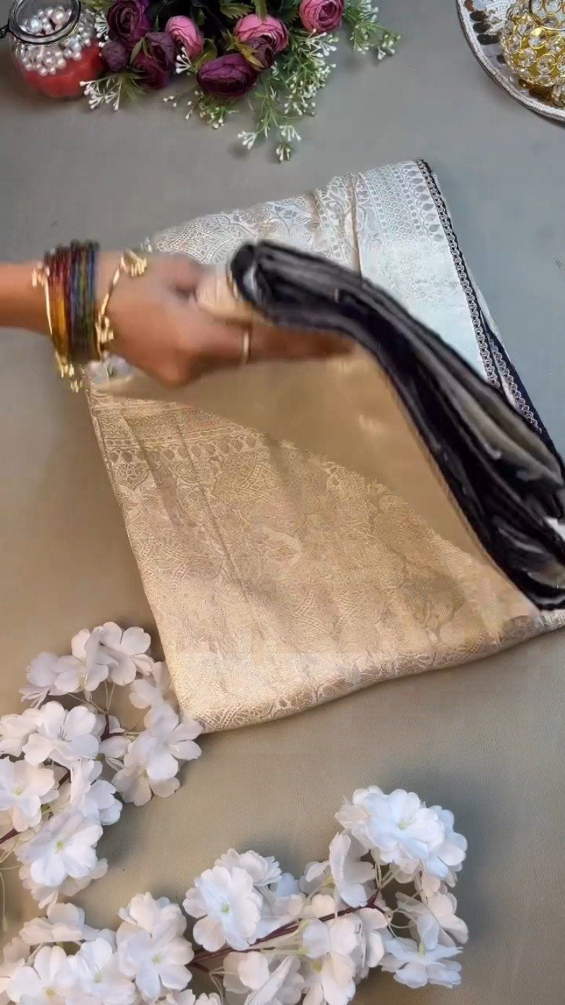 Royal Purple Floral Embroidered Silk Blouse & Off-White Kanjeevaram Saree Set