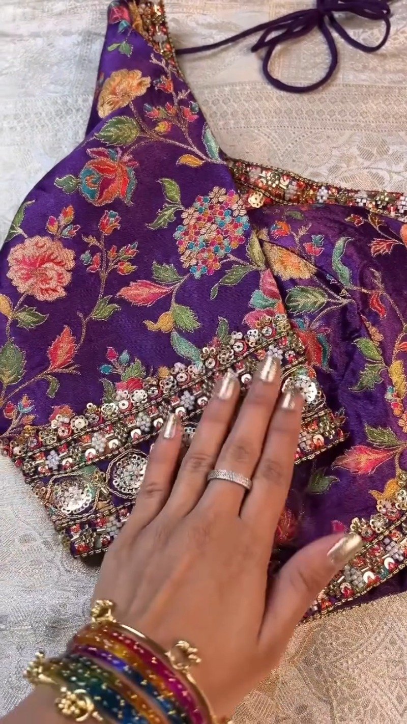 Royal Purple Floral Embroidered Silk Blouse & Off-White Kanjeevaram Saree Set