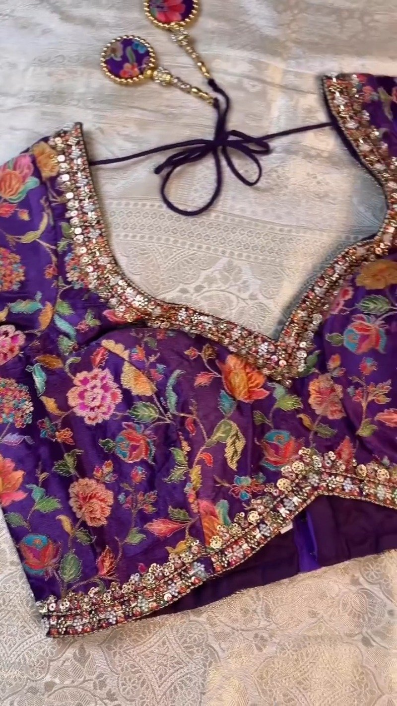 Royal Purple Floral Embroidered Silk Blouse & Off-White Kanjeevaram Saree Set