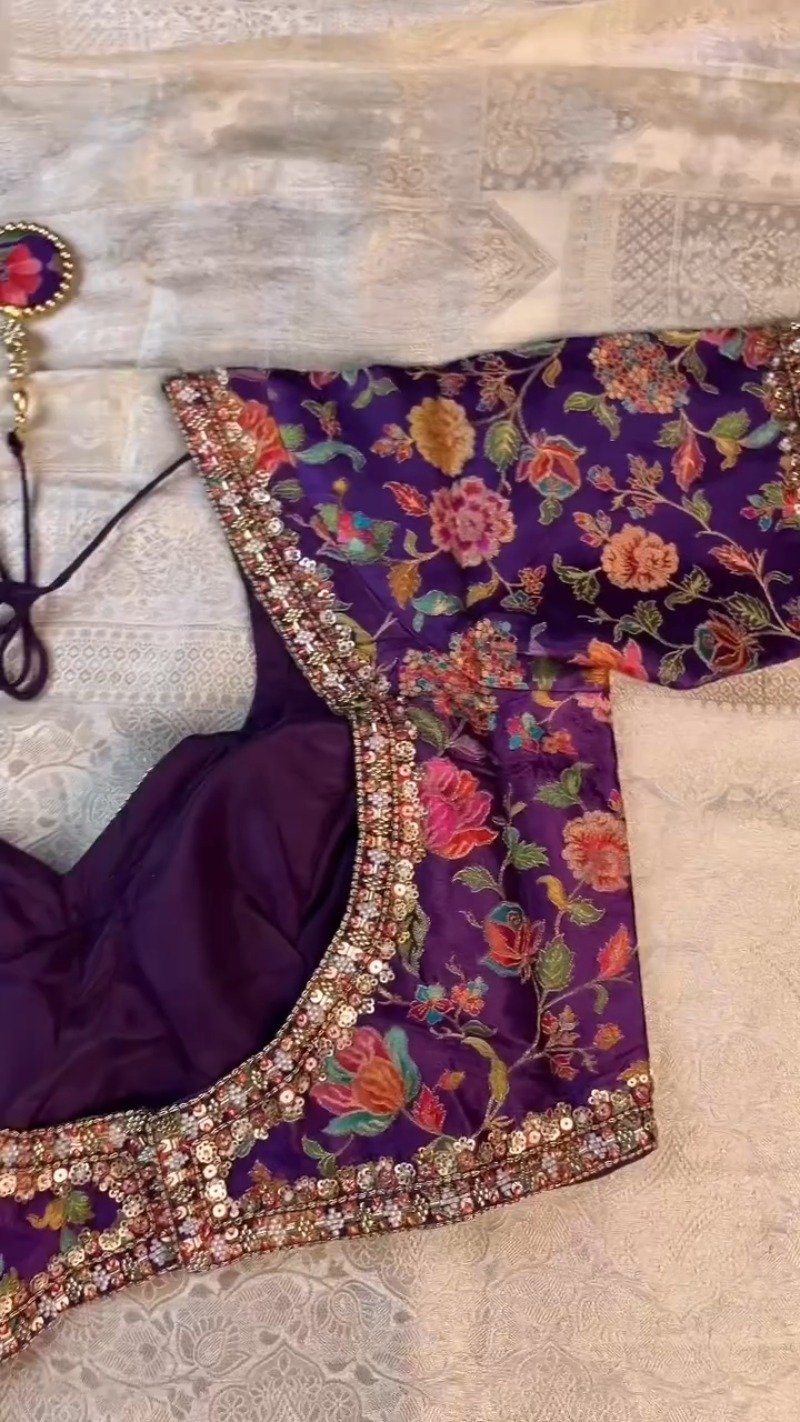 Royal Purple Floral Embroidered Silk Blouse & Off-White Kanjeevaram Saree Set