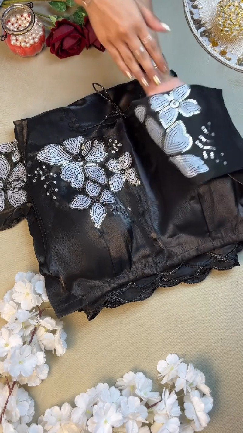 Midnight Bloom Sequin-Embellished Saree Set