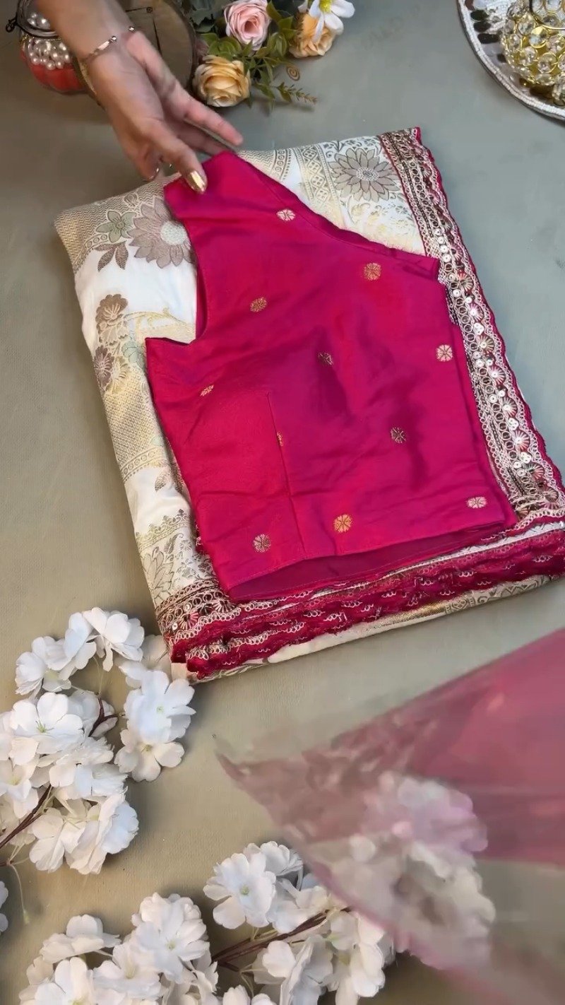 Regal White and Fuchsia Silk Brocade Saree with Hand-Embroidered Blouse