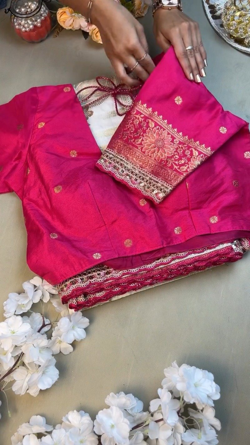 Regal White and Fuchsia Silk Brocade Saree with Hand-Embroidered Blouse