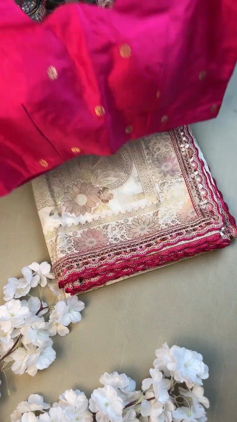 Regal White and Fuchsia Silk Brocade Saree with Hand-Embroidered Blouse