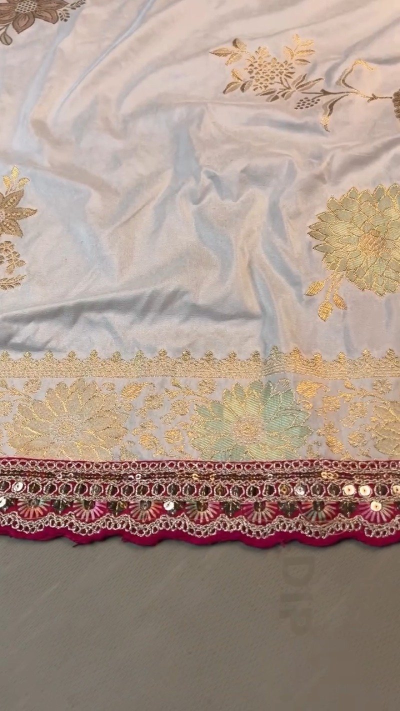 Regal White and Fuchsia Silk Brocade Saree with Hand-Embroidered Blouse