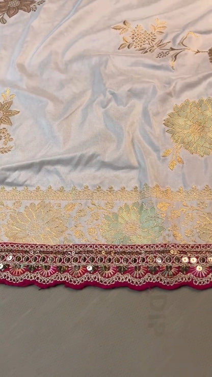 Regal White and Fuchsia Silk Brocade Saree with Hand-Embroidered Blouse