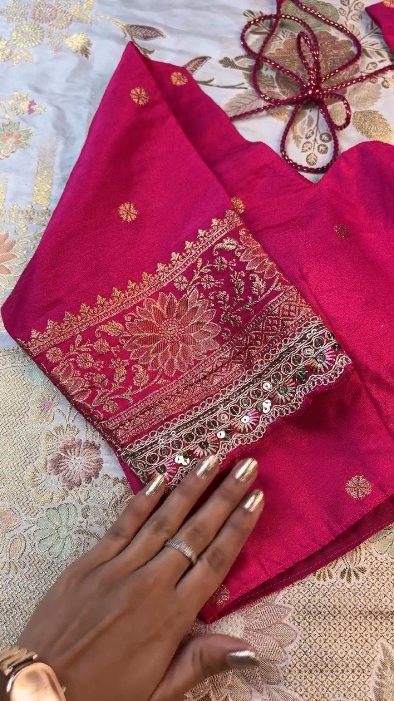 Regal White and Fuchsia Silk Brocade Saree with Hand-Embroidered Blouse