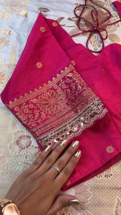 Regal White and Fuchsia Silk Brocade Saree with Hand-Embroidered Blouse