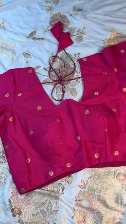 Regal White and Fuchsia Silk Brocade Saree with Hand-Embroidered Blouse
