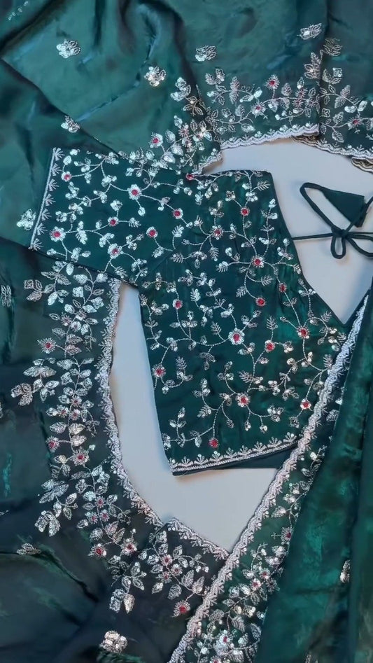 Midnight Emerald Embroidered Silk Blouse – A Timeless Ethnic Essential