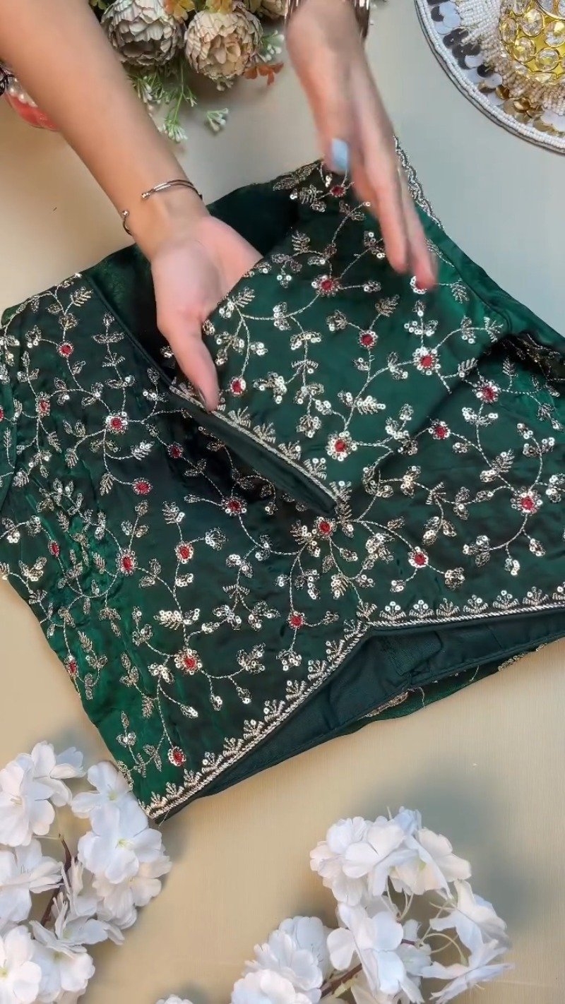 Midnight Emerald Embroidered Silk Blouse – A Timeless Ethnic Essential