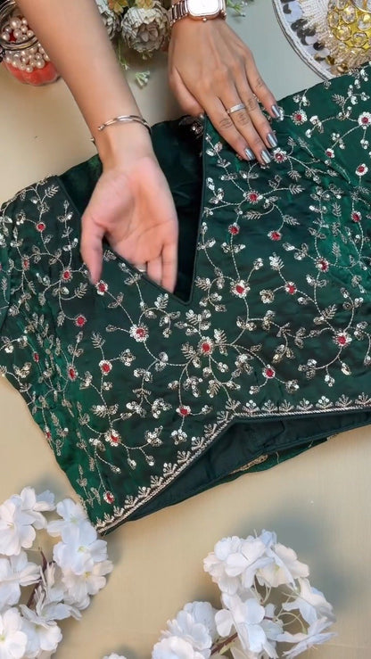Midnight Emerald Embroidered Silk Blouse – A Timeless Ethnic Essential