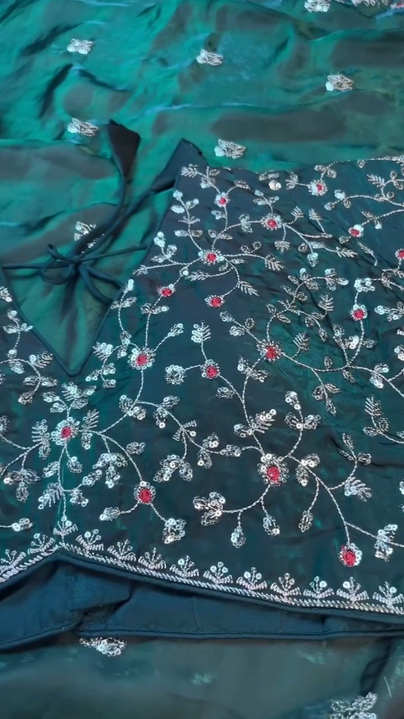 Midnight Emerald Embroidered Silk Blouse – A Timeless Ethnic Essential