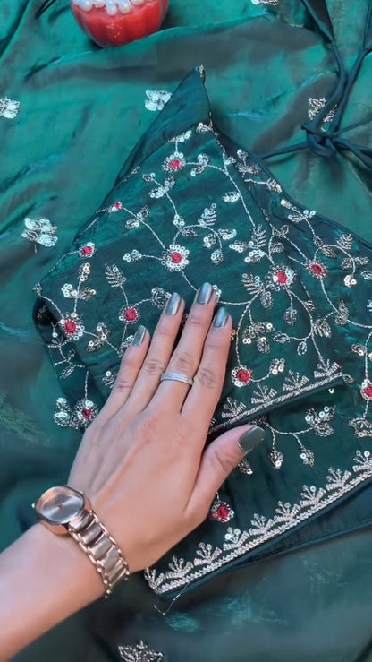 Midnight Emerald Embroidered Silk Blouse – A Timeless Ethnic Essential