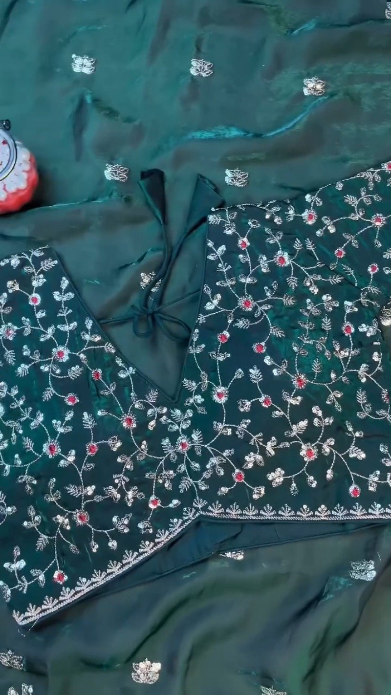 Midnight Emerald Embroidered Silk Blouse – A Timeless Ethnic Essential