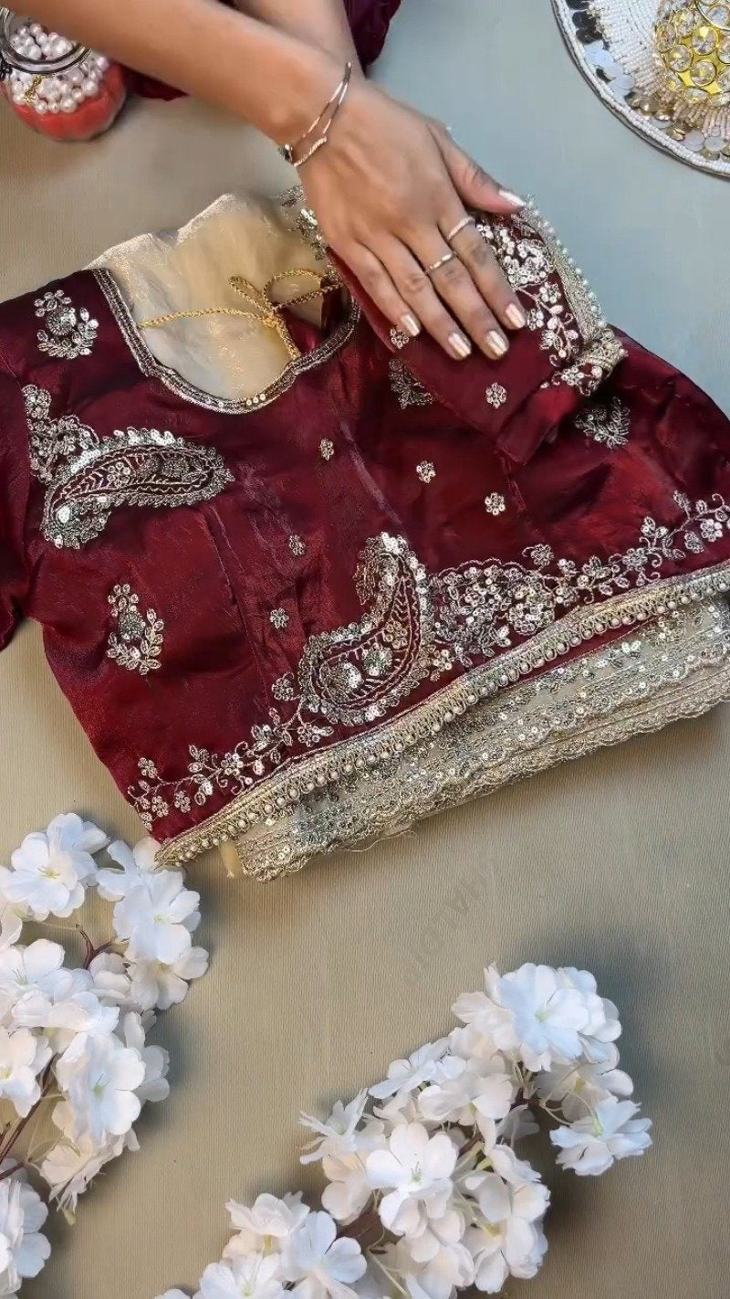 Opulent Paisley Embellished Saree Set – Available in Wine & Champagne