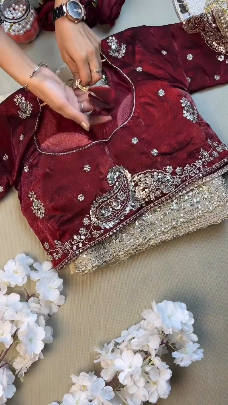 Opulent Paisley Embellished Saree Set – Available in Wine & Champagne