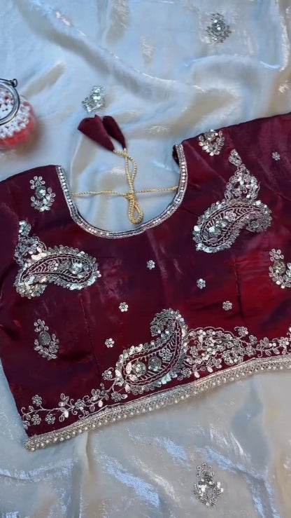 Opulent Paisley Embellished Saree Set – Available in Wine & Champagne