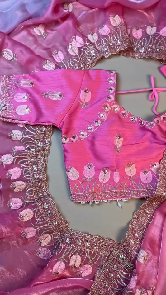 Floral Tulip Embroidered Designer Saree with Embellished Blouse – Available in Radiant Pink & Serene Sky Blue