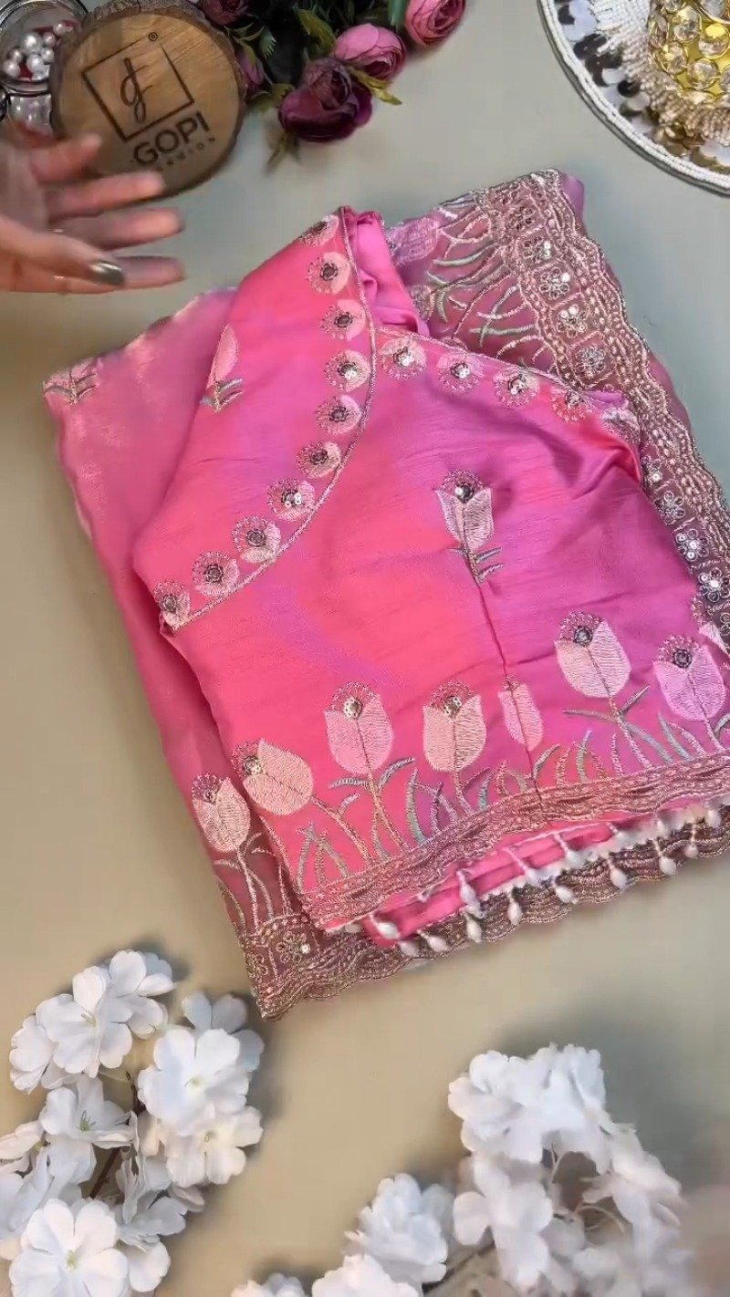 Floral Tulip Embroidered Designer Saree with Embellished Blouse – Available in Radiant Pink & Serene Sky Blue