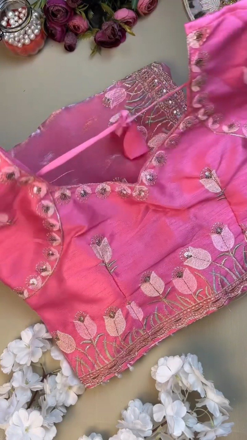 Floral Tulip Embroidered Designer Saree with Embellished Blouse – Available in Radiant Pink & Serene Sky Blue