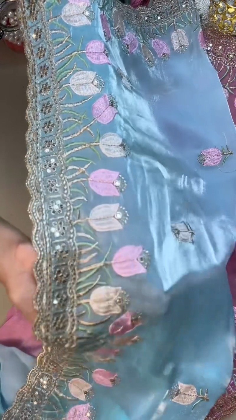 Floral Tulip Embroidered Designer Saree with Embellished Blouse – Available in Radiant Pink & Serene Sky Blue